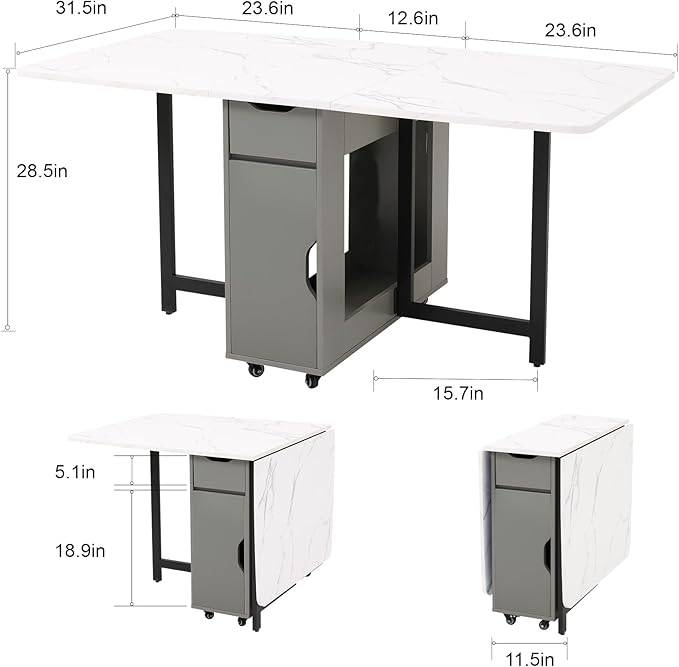 Foldable Space Saving Dining Table Extendable, Folding Dining Table with Storage and Wheels 2-Layers, Versatile Drop Leaf Table Modern for Living Room, Kitchen, RV Campers (Grey)