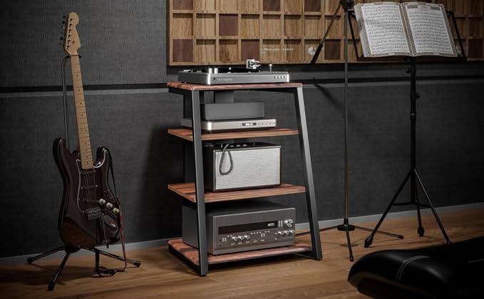 FITUEYES Design 4-Tier AV Media Stand Corner Shelf for Record Player Wooden Stereo Cabinet Audio Rack Tower with Height Adjustable Wooden Shelves for ps4 (Walnut)