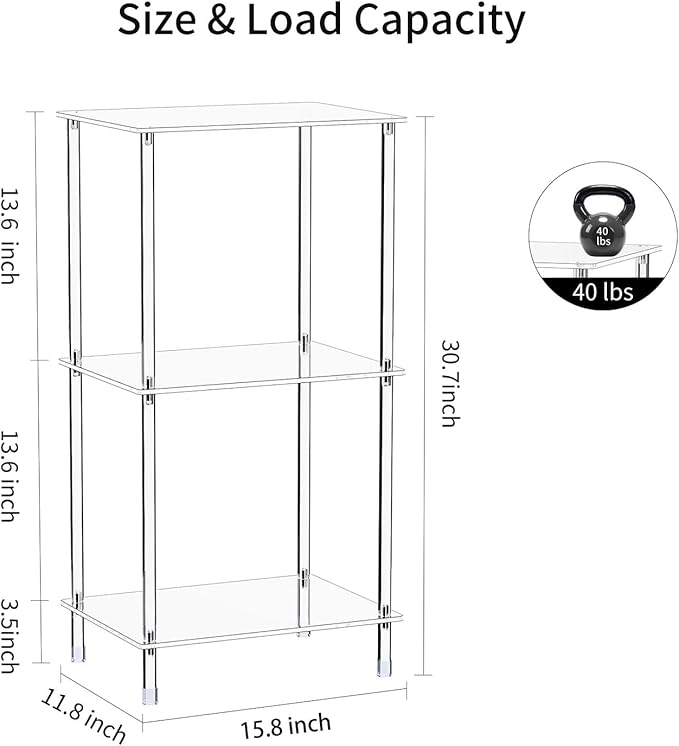 Acrylic Record Player Stand, 15.8" L x 11.8" W x 30.7" H, 3-Tier Clear Turntable Table with Vinyl Record Storage, Tall Modern Side Table/End Table for Living Room, Bedroom