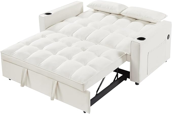ERYE 64" W Full Size 3 in 1 Convertible Sleeper Sofabed W/Cupholders and USB Ports, Modern Velvet Upholstered Loveseat Sofa with Pull Out Sleep Couch Bed and Reclining Backrest for Home Apartment RV