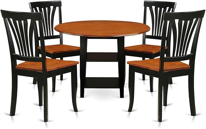 East West Furniture SUAV5-BCH-W 5 Piece Dining Room Furniture Set Includes a Round Dining Table with Dropleaf & Shelves and 4 Wood Seat Chairs, 42x42 Inch, Black & Cherry