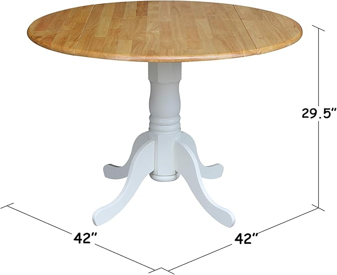 42" Round Dual Drop Leaf Pedestal Dining Table, Solid Wood, Easy Assembly, 20mm Top Thickness, Kitchen/Dining Room, Includes Two 9" Drop Leaves, Durable Parawood Construction, Unfinished