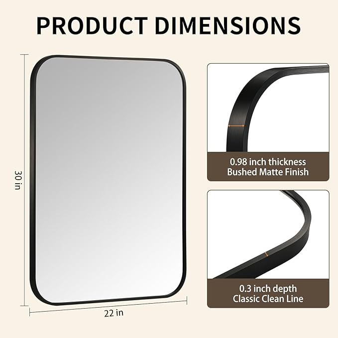 Black Bathroom Mirror, 22x30 Inch Aluminum Frame Rectangle Mirror, Anti-Rust, Tempered Glass, Wall Mirror for Over Sink, Vanity, Bedroom, Entryway, Horizontal/Vertical