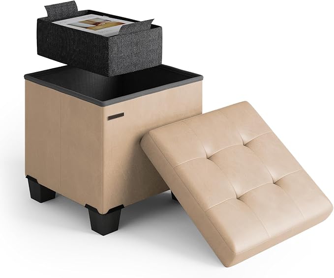 STORAGEBUD Storage Ottoman Cube with Small Bin, 16-in Square Ottoman with Storage for Living Room and Bedroom, Small Ottomans Foot Rest, Faux Leather Foot Stools Ottomans Max 330lbs, Taupe