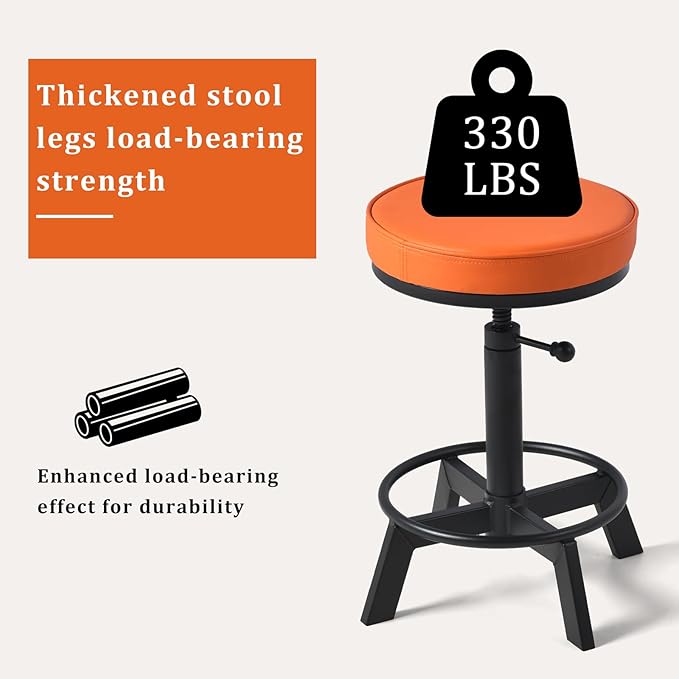 Vintage Short Bar Stools Industrial Swivel Counter Stools 17-24inch Height Adjustable Rustic Leather PU Seat Chairs for Kitchen Island Extra Seat Beside Sofa (Bright Orange)