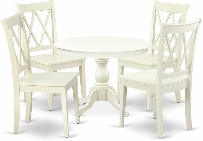 East West Furniture HBCL5-LWH-W 5 Piece Dining Set Includes a Round Dining Room Table with Pedestal and 4 Kitchen Chairs, 42x42 Inch, Linen White