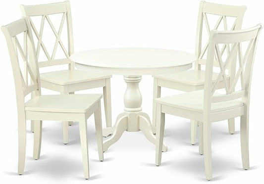 East West Furniture HBCL5-LWH-W 5 Piece Dining Set Includes a Round Dining Room Table with Pedestal and 4 Kitchen Chairs, 42x42 Inch, Linen White