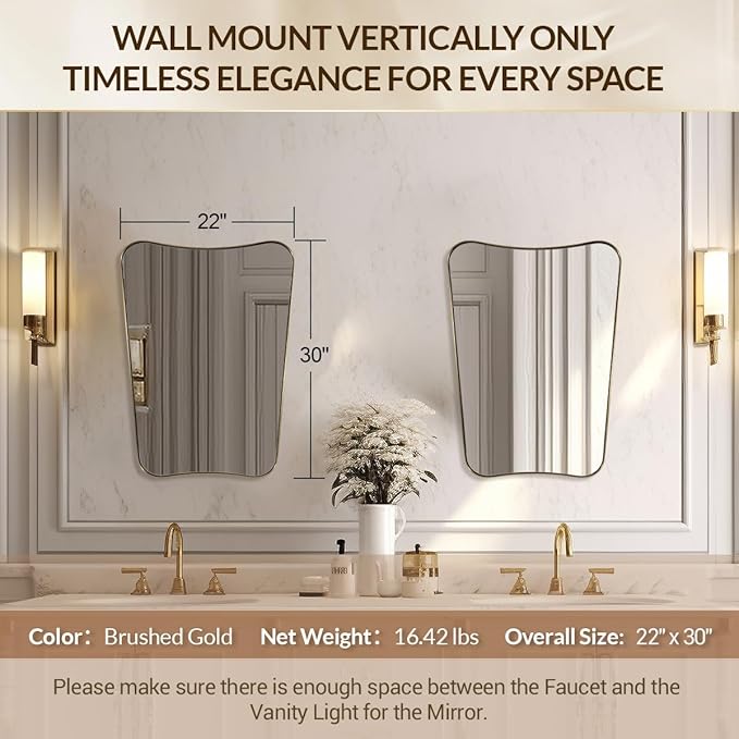 Gold Mirror for Bathroom, Asymmetrical Mirrors for Wall, Vintage Vanity Mirror, Irregular Mirror in Stainless Steel, 22 x 30 Antique Brass Wavy Mirrors Wall Mounted Vertically Only