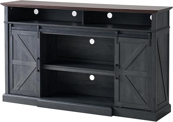 66" Farmhouse TV Stand with Sliding Barn Doors, 40" Tall Entertainment Center for 75 Inch TVs, Rustic Media Console Table Storage Cabinet w/Soundbar & Adjustable Shelves, Living Room, Dark Gray