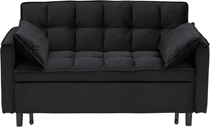 Ball & Cast 55" Convertible Sleeper Sofa Bed,Convertible Pull Out Couch with 2 Pillows,Adjustable Backrest & Side Pocket,Loveseat Futon Sofa Bed for Living Room,Apartment,Velvet Fabric,Black