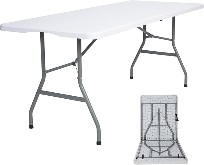 Folding Table 6ft Plastic Folding Table Indoor & Outdoor for Picnic, Camping,BBQ and Party, with Powder Coated Steel Legs and Built in Carry Handle, White