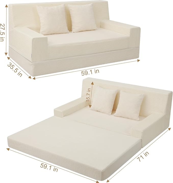 MeMoreCool Boneless Folding Sofa Bed Queen, Corduroy Convertible Sleeper Chair, Foldable Foam Mattress Chair, Comfy Fold‑Out Futon Couch Bed, Large Floor Sofa Couch for Living Room Guest