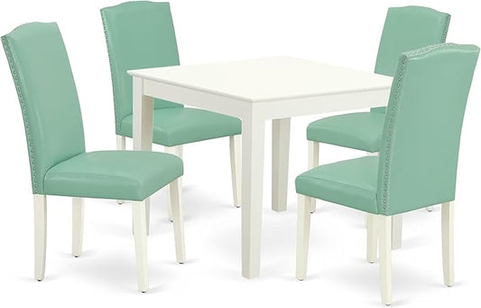 East West Furniture OXEN5-LWH-57 5 Piece Kitchen Table & Chairs Set Includes a Square Dining Room Table and 4 Pond Faux Leather Parsons Dining Chairs, 36x36 Inch, Linen White