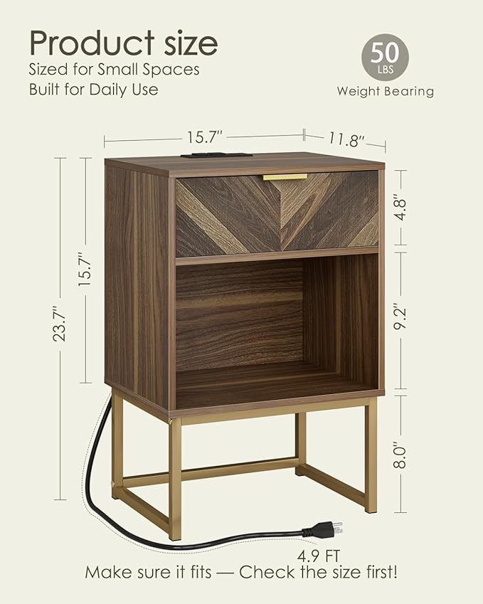 Nightstand with Charging Station, Boho Night Stand Wood Farmhouse Bedside Table with Storage, End Side Accent Table Walnut