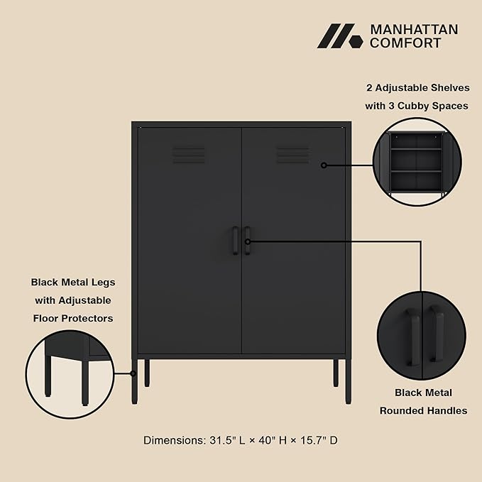 Manhattan Comfort Naomi Modern Metal Accent Cabinet, Minimalist Storage Cabinet with Doors & Adjustable Shelves, Vented Doors, Sturdy Steel Build, Versatile & Multi-Purpose Home Furniture, Black