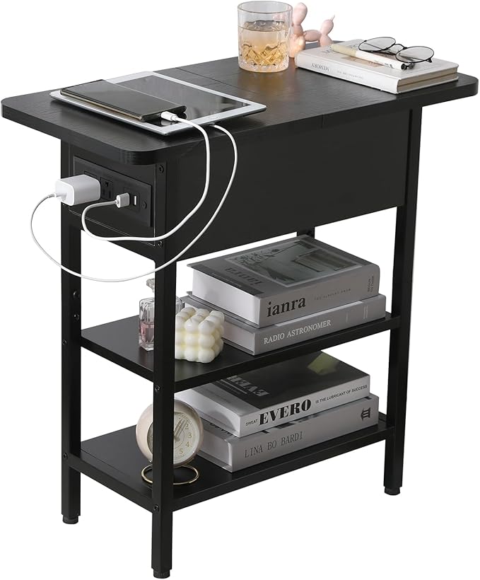 Modern End Table with Charging Station, Narrow Side Table with USB Ports & Outlets, Flip-Top Nightstand with Storage Shelf, Small Bedside Table for Living Room, Bedroom, Small Space, Black
