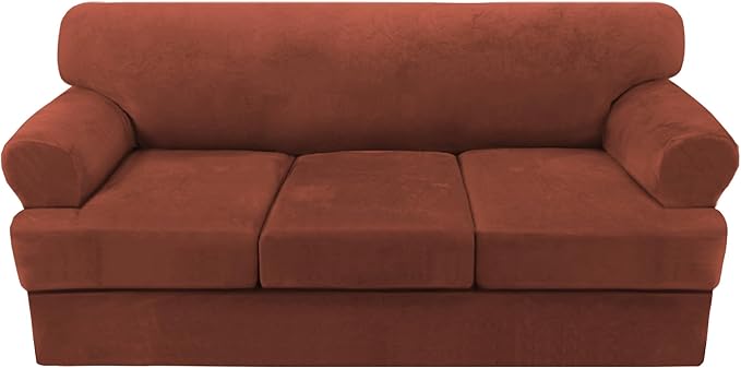 H.VERSAILTEX Sofa Cover 4 Piece T Cushion Sofa Slipcovers Thick Velvet Couch Cover Stretch T Cushion Sofa Covers for 3 Cushion Couch with 3 Individual T Cushion Covers Washable, Rust