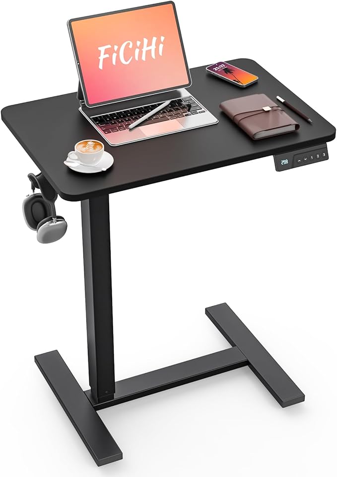Small Mobile Standing Desk with Wheels, Electric Height Adjustable Portable Rolling Computer Cart, Movable Sit Stand Laptop Table for Sofa, Bedside, Home Office Workstation (27.6", Black)