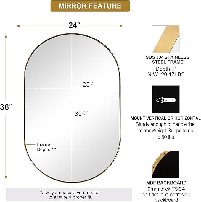 ANDY STAR Gold Oval Mirror, Brass Mirror for Wall, Oval Mirrors for Bathroom in Stainless Steel Metal 1’’ Thin Frame Pill Shaped Mirror Hangs Vertical or Horizontal Ideal for Limited Space