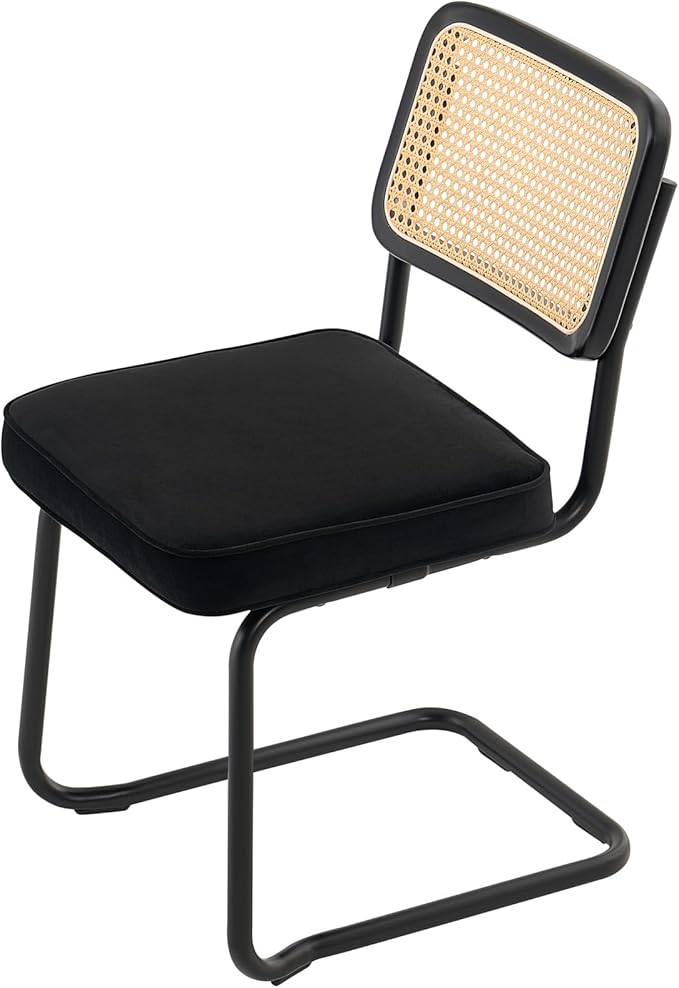 VEVOR Rattan Dining Chairs Set of 2, Mid Century Modern Dining Chair, Upholstered Velvet Accent Chair with Rattan Back, Retro Dining Room Kitchen Chair for Living Room, Bedroom(18.1 Inch)
