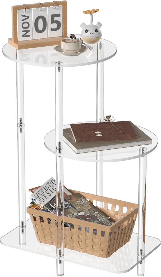 Eglaf Acrylic Round Side Table - 3 Tiers Step End Table - Clear Nightstand Small Bedside Table Accent Entryway Table, for Living Room, Bedroom, Hallway, 16.7'' L x 11.8'' W x 23.5'' H