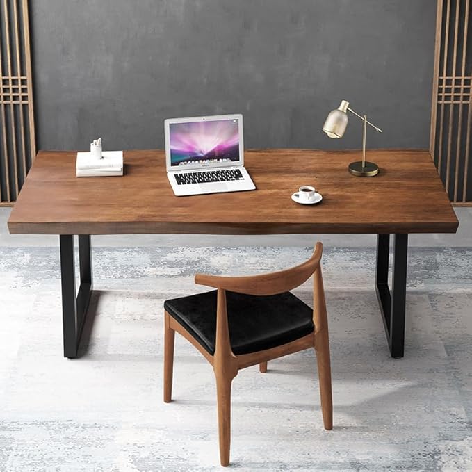 Modern Minimalist Solid Wood Office Desk with Metal Base Easy to Assemble Durable Writing Table Dining Table Computer Desk Multiple Ideal for Living Room and Dining Room (55inch)