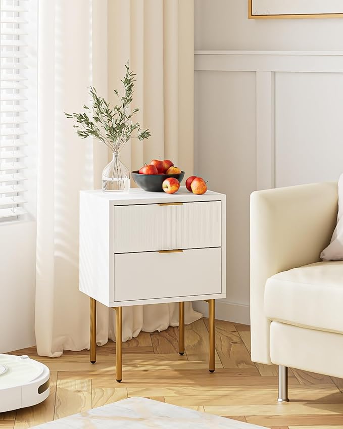 Nightstand,Small Bedside Table with Gold Frame,Morden Night Stand with 2 Drawer,End Table,Side Table with Drawer and Shelf for Bedroom,Living Room (White-2Drawer)