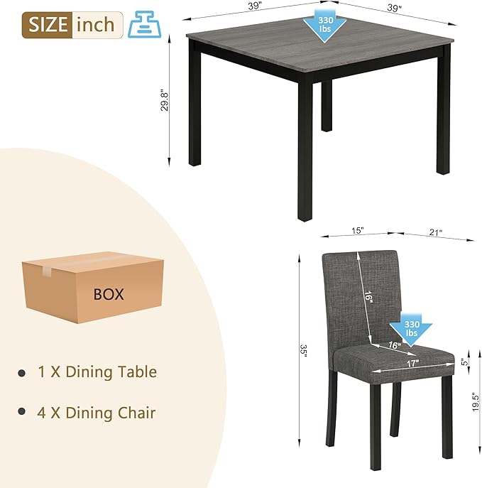KEIKI 5-Piece Standard Height Dining Table Set with Square Table and 4 Upholstered Curved Backrset Chair, for 4 Person, Modern Wooden Table Set, Easy Assembly, for Kitchen, Dining Room, Black+Gray