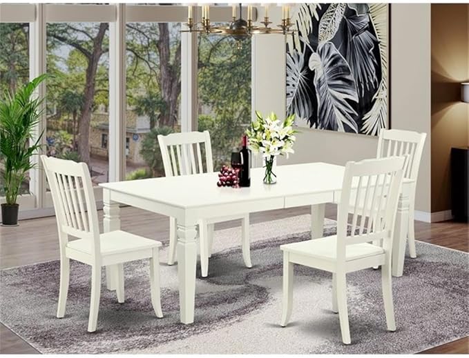 East West Furniture LGDA5-LWH-W 5 Piece Kitchen Table Set for 4 Includes a Rectangle Dining Room Table with Butterfly Leaf and 4 Solid Wood Seat Chairs, 42x84 Inch, Linen White