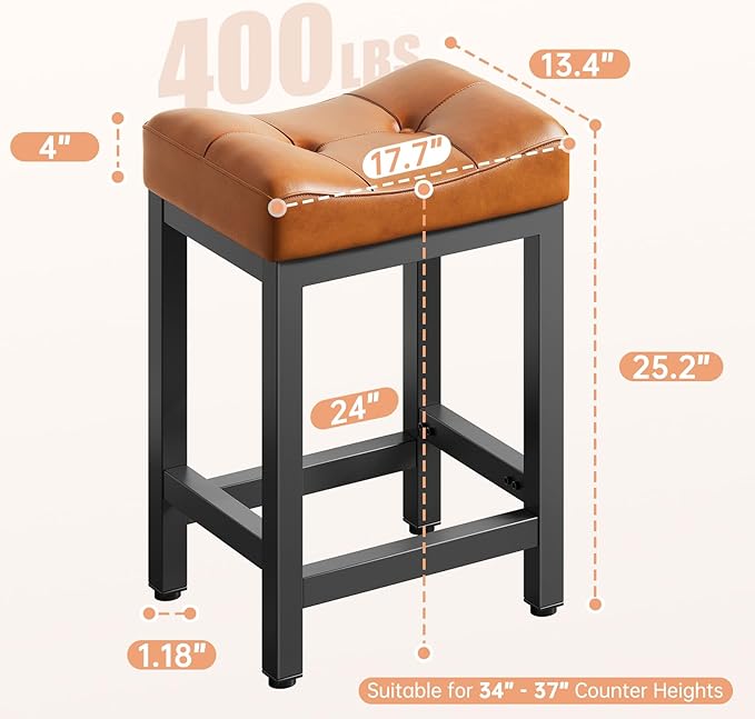 Dripex Backless Saddle Bar Stools Set of 3, Modern Faux Leather 24'' Counter Height Barstools with 4" Thick Seats & Heavy Duty Metal Legs, for Kitchen Island, Bar, Dining Room, Brown