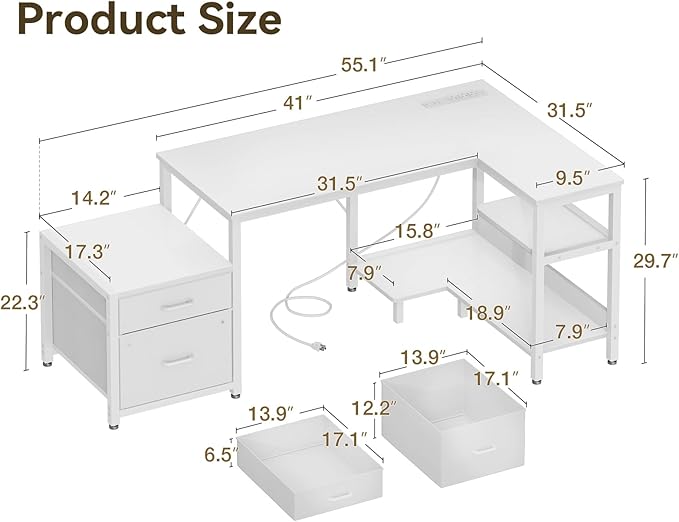 Casaottima L Shaped Desk with Drawers & File Cabinet, Reversible White Computer Desk with Storage Shelves & CPU Stand, Corner Desk with Power Outlets, L Table for Home Office