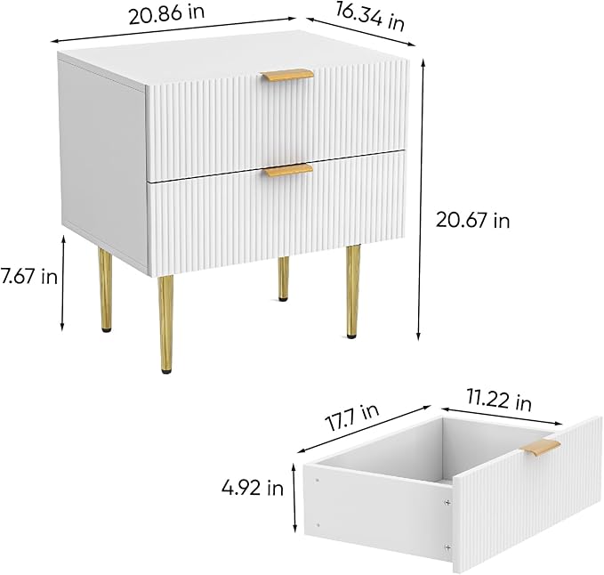 White Nightstand for Bedroom, Fluted Night Stand, End Table for Living Room, Mid Century Modern Bedside Table with Drawers, Bed Side Table with Gold Metal Legs, Bedroom Furniture Stripe