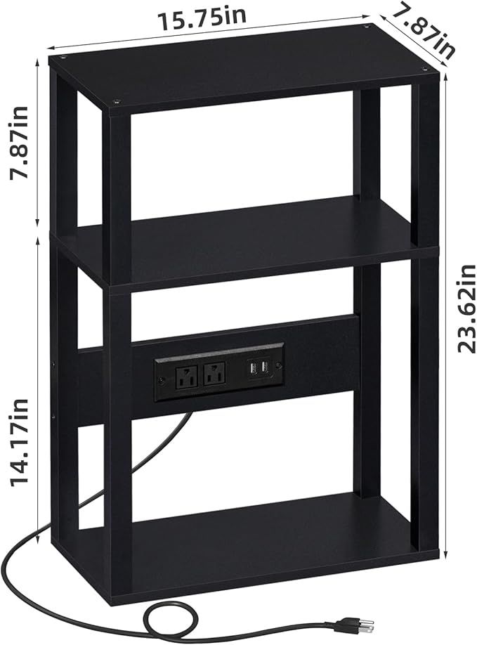 3-Tier Small Narrow Wood Side Table with Charging Station, Skinny Nightstand for Small Space, Slim Bedside Table with Storage for Couch, Thin End Table with USB Ports and Outlets, Black