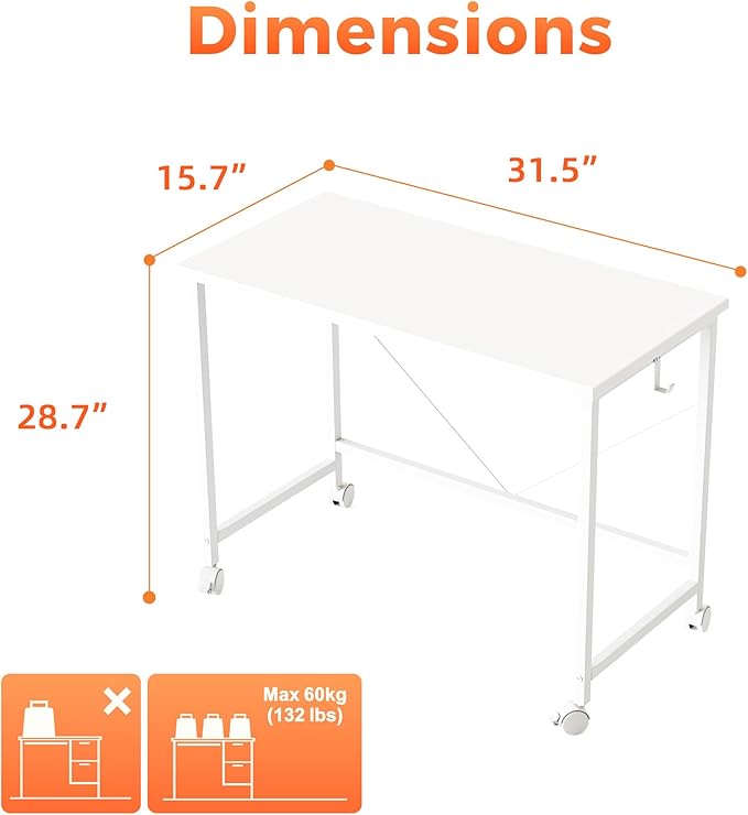 Rolling Computer Desk with Wheels, Gaming Desk for Small Spaces, Modern Simple Style Table for Home Office, Study Writing Table (Caster, White, 32 inch)