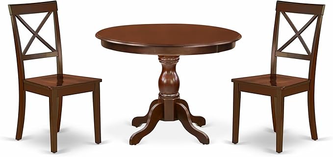 East West Furniture HBBO3-MAH-W 3 Piece Dining Room Table Set Contains a Round Kitchen Table with Pedestal and 2 Dining Chairs, 42x42 Inch, Mahogany