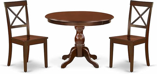 East West Furniture HBBO3-MAH-W 3 Piece Dining Room Table Set Contains a Round Kitchen Table with Pedestal and 2 Dining Chairs, 42x42 Inch, Mahogany