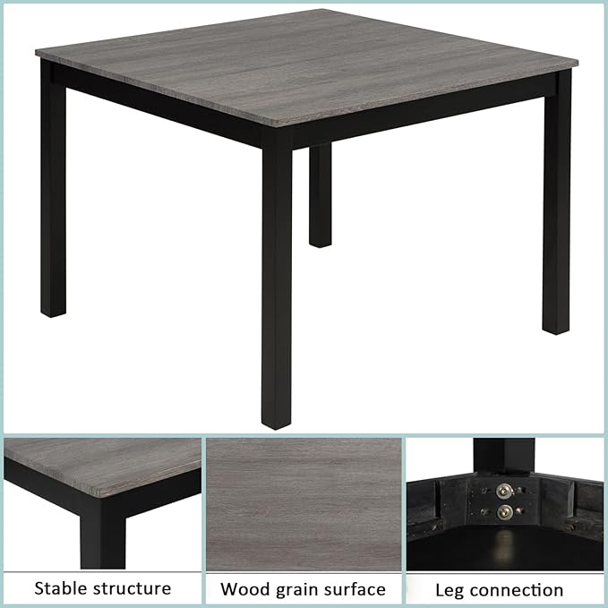 Dining Table Set for 4, 5-Piece Kitchen Table & Chairs Set with Square Wooden Table & 4 Upholstered Chairs, 29.8'' Dinner Set with Solid Wood Legs & Curved Backrest for Kitchen, Light Black