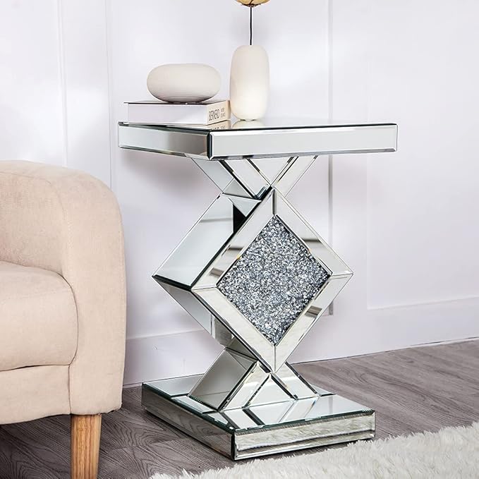 SHYFOY Mirrored End Table, Mirror Accent Side Table with Crushed Crystal Diamond, Finished Small Coffee Table, Glass Bedside Lamp Table, Silver Modern Style Decor for Living Room, Balcony, Bedroom