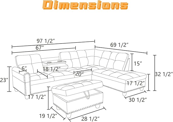 L Shaped Sectional Couch with Otttoman, 97" Sectional Sofa for Living Room Flannel Modular Couches with Cup Holders for Bedroom, Apartments, Black Grey