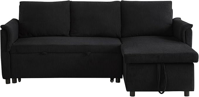 Ball & Cast L-Shape Reversible Sectional Sleeper Sofa Bed 4 in 1 Pull Out Couch with Storage Chaise&Removable Backrest,Convertible Sleeper Corner Couch Pull-Out Sofa Bed for Living Room,Corduroy,Black