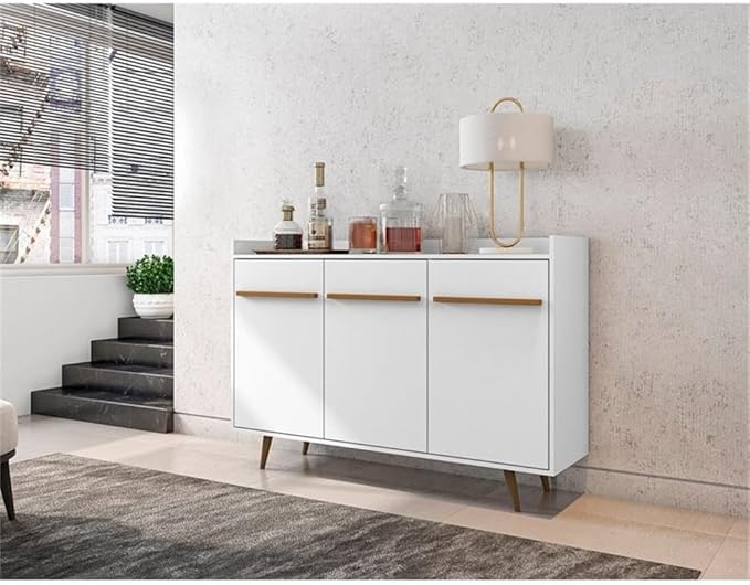 Manhattan Comfort Bradley Buffet Cabinet with Storage, Mid Century Modern Sideboard with 4 Shelves and Soft Close Doors, TV Stand Media Console for up to 50" Screens, 53.54" Long, White