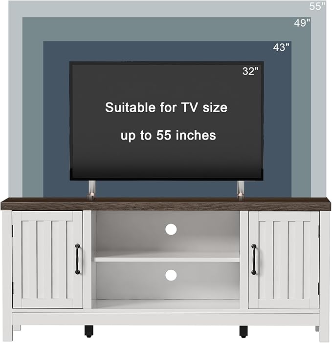 ChooChoo Farmhouse TV Stand, Wood Fluted Door Entertainment Center with Storage Cabinets and Open Shelves, Rustic Media Console up to 55 inches for Living Room, Bedroom, White