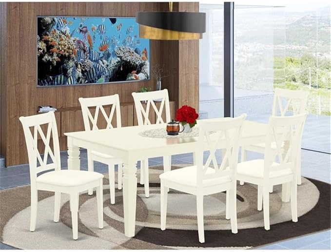 East West Furniture LGCL7-LWH-C 7 Piece Dining Room Table Set Consist of a Rectangle Kitchen Table with Butterfly Leaf and 6 Linen Fabric Upholstered Chairs, 42x84 Inch, Linen White