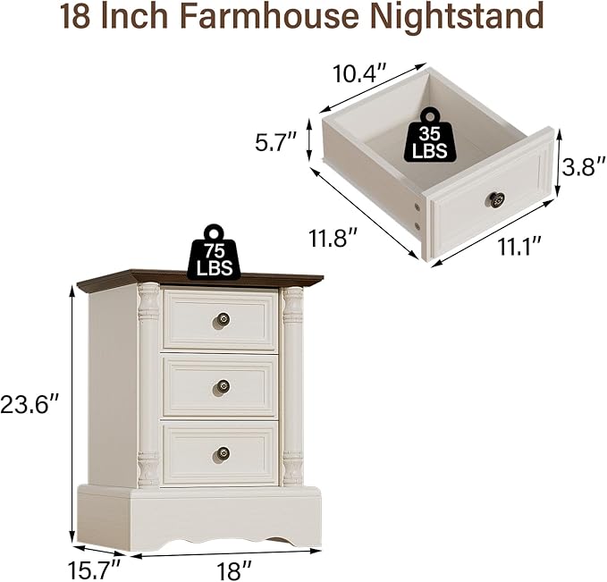 Nightstand with 3 Drawers, Rustic Night Stand 18' Wide Side Table with Storage, Mid-Century Modern Couch End Table with Vintage Handles, Small Dresser for Bedroom, Living Room, Antique White