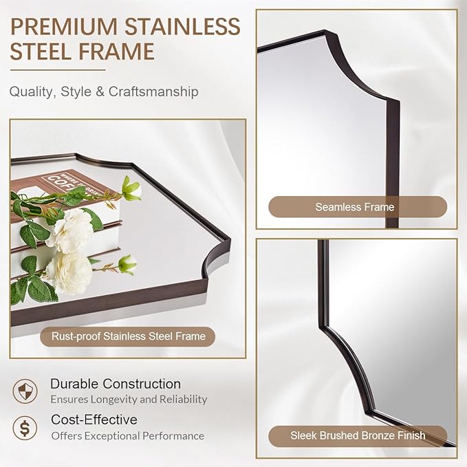 ANDY STAR 30x40 Inch Bathroom Mirror, Brushed Bronze Rectangle Scalloped Mirror, Antique Bronze Mirror with Premium Stainless Steel Metal Frame, Large Wall-Mounted Mirror (Horizontal/Vertical)