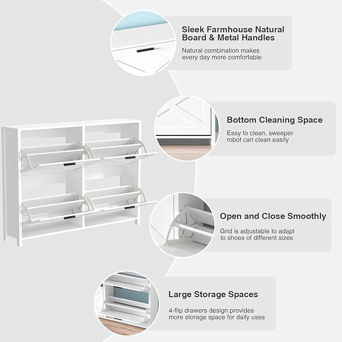 47" W Large Shoe Storage Cabinet with 4 Flip Drawers, Freestanding Hidden Shoe Cabinet Organizer with Adjustable Shelf, Narrow Shoe Cabinet for Entryway Hallway Living Room