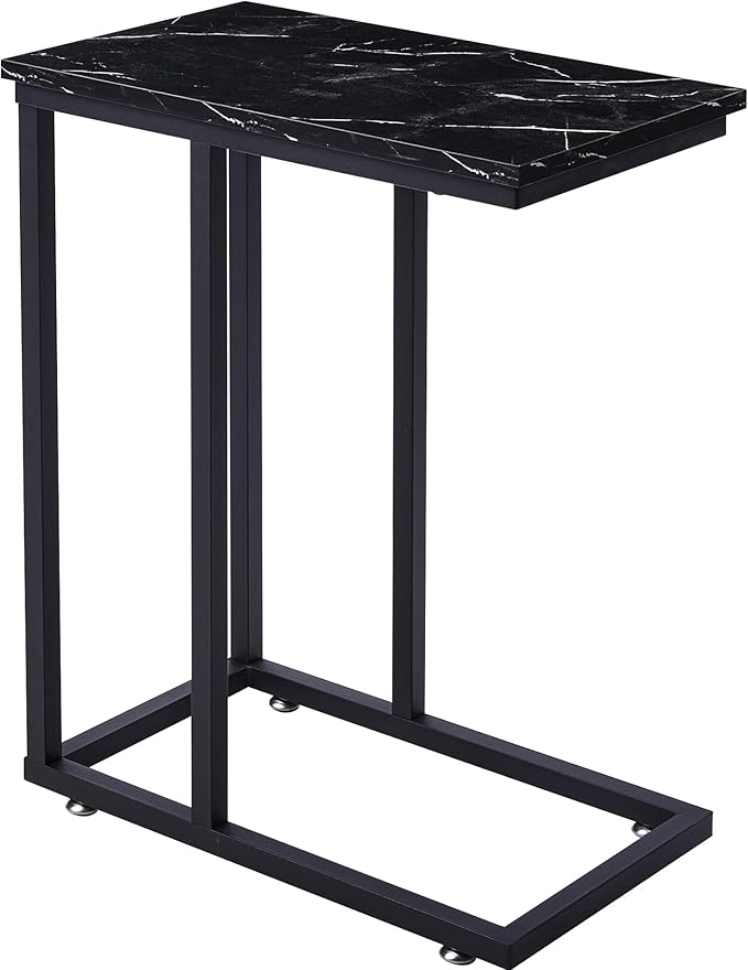 VECELO C Shaped End Side Table for Sofa Couch and Bed Snack TV Tray for Living Room Bedroom, 1 Set, Black Marble