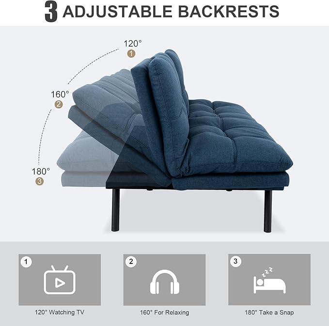 Vipbear Futon Sofa Bed Couch, 71" Convertible Sofa Bed, Space-Saving Loveseat with Adjustable Backrest & Armrest for Living Room,Apartment,Office,Blue Sleeper Sofa