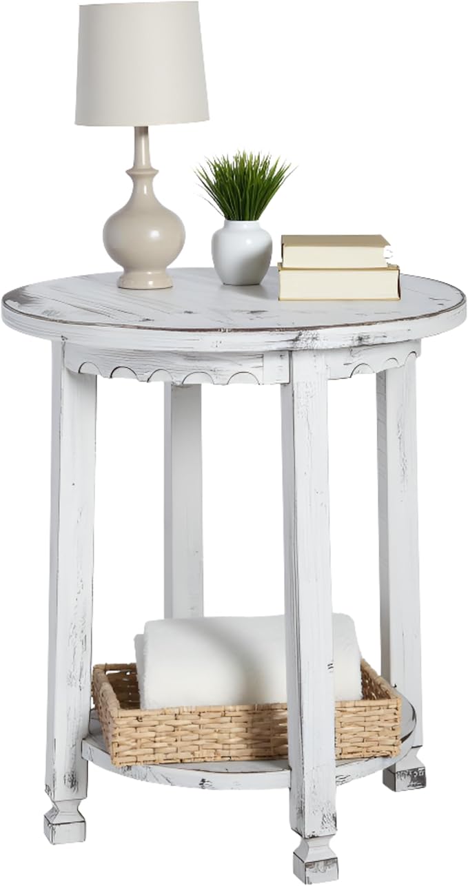 Rustic Cottage Round End Table w/ 1 Shelf, White Antique, 20" x 20" x 24", Farmhouse Style - Unique Accent Piece, Constructed of Select Hardwoods/Composite Wood, End Table w/ Drawer & Shelf