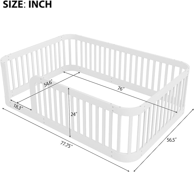 Full Floor Bed with High Fence and Rounded Corner Design, Montessori Floor Bed Frame with Guardrail and Entrance, Easy Assemble Montessori Bedd Full Size, White